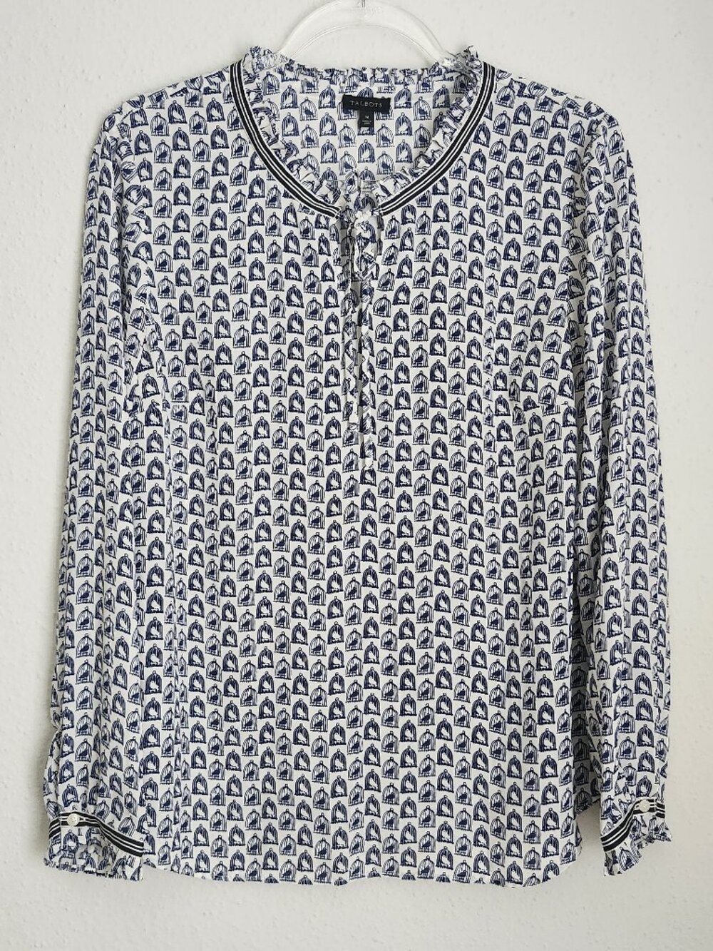 TALBOTS Birdcage Novelty Print Ruffle Neck Top M